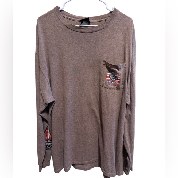 Harley Davidson Tan Long Sleeve Men’s Pocket T-Shirt Graphic Back & Sleeve Sz 2X - Picture 1 of 11